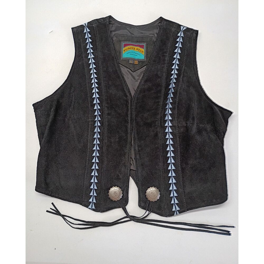 Y2K Pioneer Wear Black Leather Vest Women Sz L Open Native Silver Button Fringe